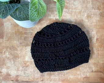 Crochet Hat Black, Crochet Beanie Summer, Lightweight Beanie, Spring Beanie Hat, Summer Beret for Women, Summer Crochet Beanies