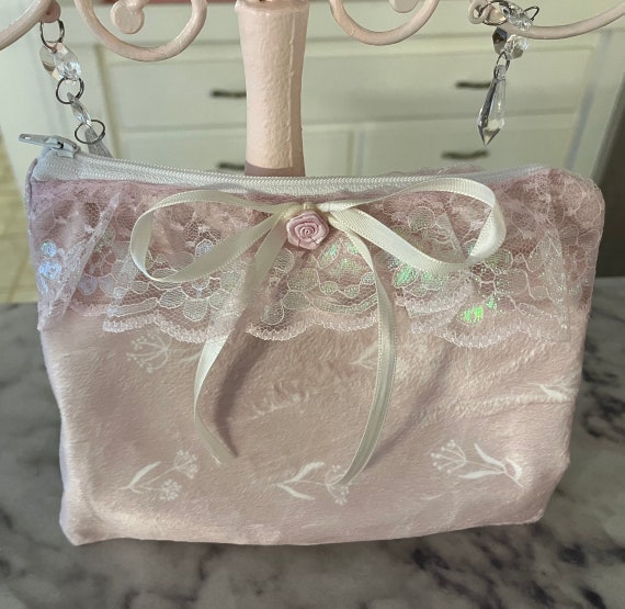 Coquette Pastel Pink Velvet Lace Makeup Bag 