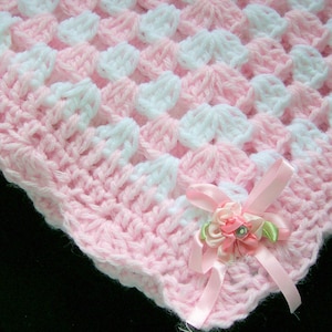 Baby Girl Lovey Blanket: Pink & White Acrylic, Silk Flower Trim