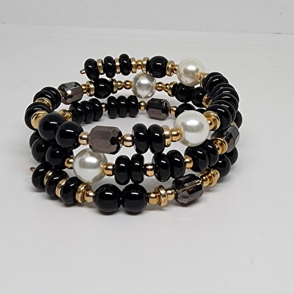 Handmade Memory Wire Wrap Bracelet – Black, Pearl, Gold Tones – One Size Fits All