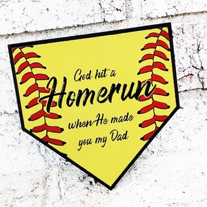 Softball home plate gift for dad, God Hit a homerun when he made you my dad, softball plaque for coach, small softball gift with name
