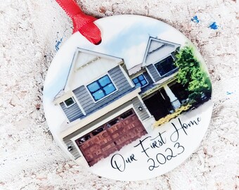 First Christmas in Our new home, 2023 Artistic photo ornament, Watercolor picture ornament, ceramic ornament with year, First Christmas