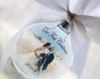 Our First Christmas photo ornament globe, Round glass ornament with picture, First married Christmas keepsake ornaments, Mr & Mrs globe