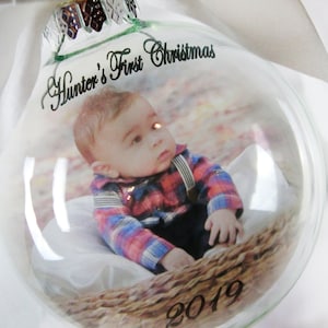 Baby's First Christmas Round Ornament, Round bauble with photo, Ornament with Picture, Christmas ornament exchange, New Baby Ornament Gifts