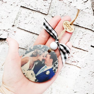 Wood picture ornament, 2023 ornament on wood, first Christmas ornament, photo ornament with year, 2022 wood ornament, Our First Christmas