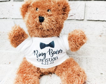 Personalized Ring Bearer Teddy bear, Ring Bearer gifts, Will you be my ring bearer, bridal party gift, customizable teddy bear shirt