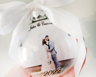 2023 Just Married, Personalized Ornament, Round Ornament with picture, First Married Christmas, First Christmas Engaged, Ornament with names