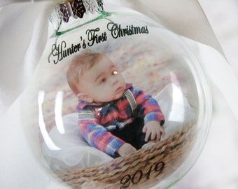 Baby's First Christmas Round Ornament, Round bauble with photo, Ornament with Picture, Christmas ornament exchange, New Baby Ornament Gifts