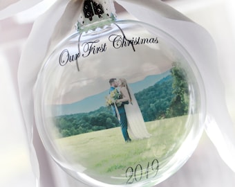 First Christmas Together Ornament with Picture, 2019 Photo Ornament, Round Glass Ornament, Just Married Chirstmas Ornament, Family ornament