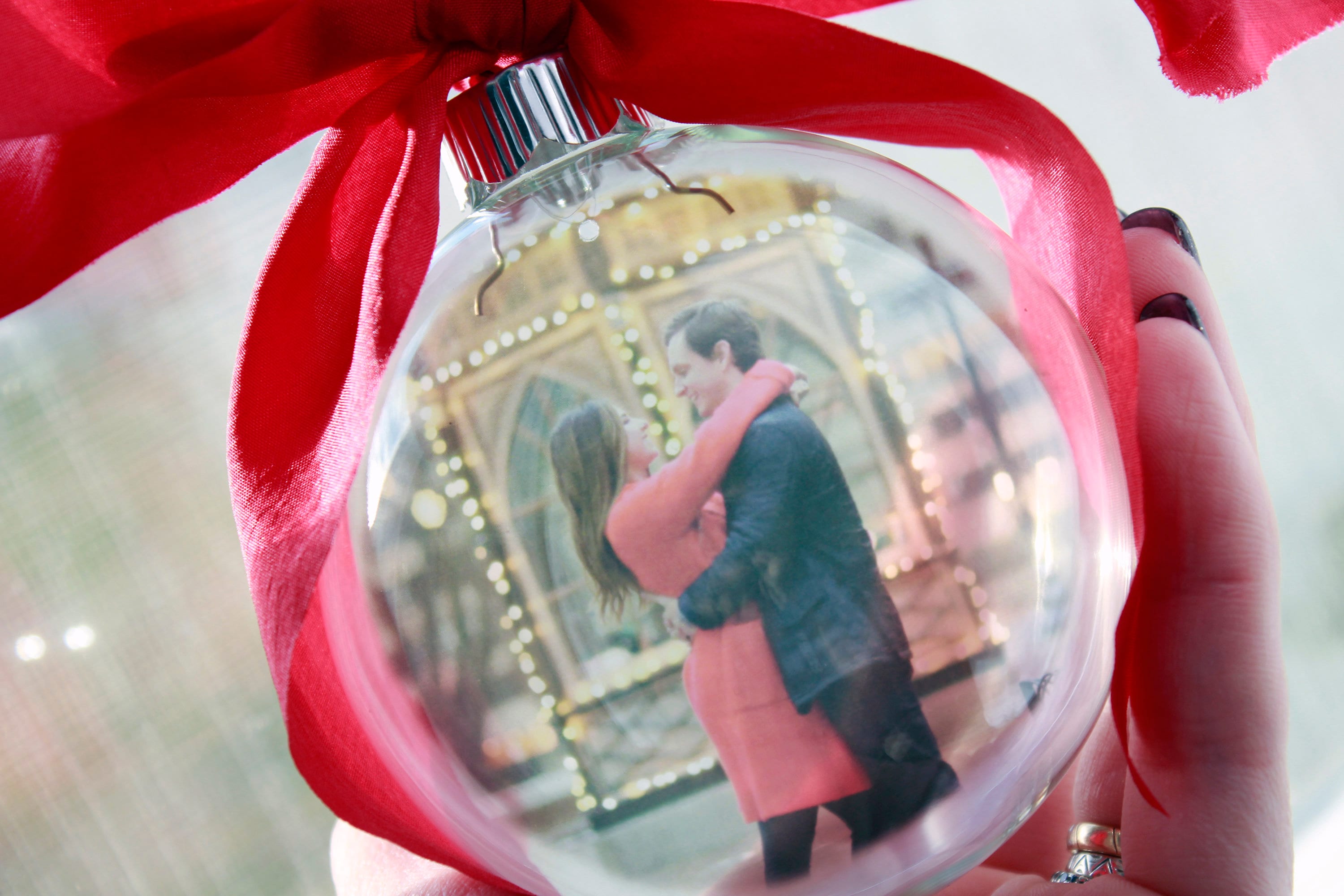 Round Glass photo ornaments, Our First Christmas, First Engaged Chris…