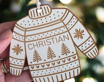Personalized Christmas Sweater Ornament – Engraved Wood  Christmas Tree Decor family gift