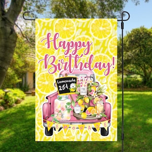 Happy Birthday Garden Flag, Custom Garden Flag with pink truck, 12x18 Garden Flag, Summer Birthday, Lemondage Garden Flag, Yard Flags