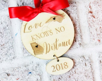 Across the miles Christmas Ornaments, Long distance relationship, love knows no distance, Christmas Gift, Military family, deployment