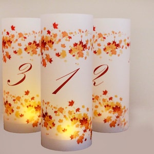 set of 10 Fall Wedding Table numbers, fall luminaries, autumn wedding, autumn table numbers, wedding luminaries, leaf wedding decor