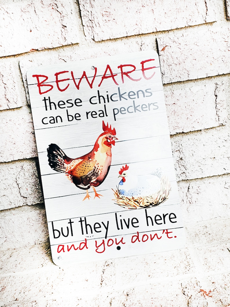 Beware of the chickens Outdoor Metal Sign, chicken coop Signs, Indoor/outdoor metal signs, fresh eggs, Backyard Chicken coop decor image 1