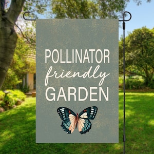 Bandera de jardín amigable con los polinizadores, decoración de jardín con abejas y mariposas (12x18)