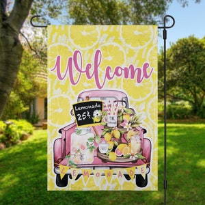 Welcome Garden Flag, Custom Garden Flag with pink truck, 12x18 Garden Flag, Custom Summer Flag, Lemonade Garden Flag, Yard Flag, spring flag