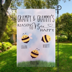 Grampy & Grammy's Reasons to be Happy, grandma and grandpa gift, small yard flag, custom garden flag, grandparent flags, grandparent gift image 1