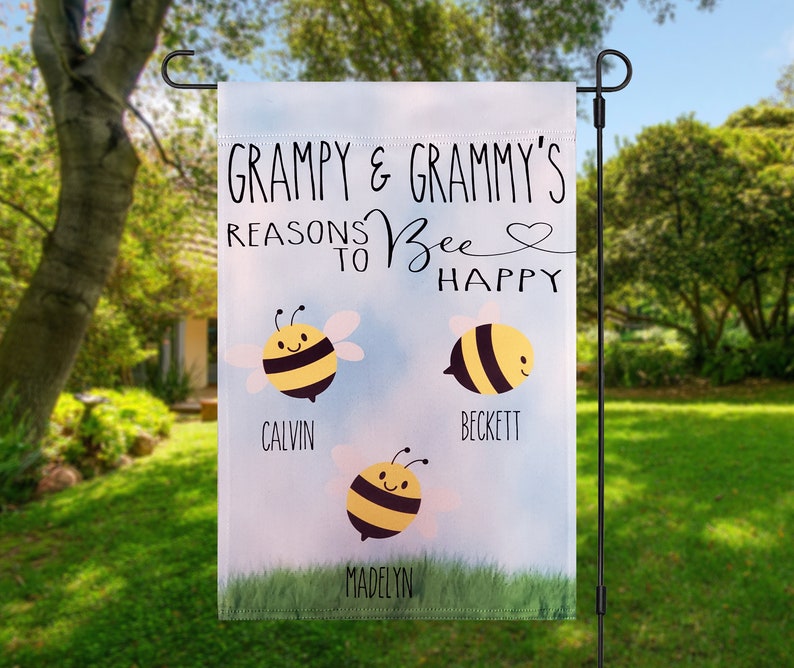 Grampy & Grammy's Reasons to be Happy, grandma and grandpa gift, small yard flag, custom garden flag, grandparent flags, grandparent gift image 1