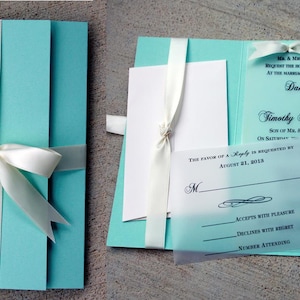 Invitation de mariage bleu oeuf rouge, bleu avec ruban blanc, mariage turquoise, invitation bleue et blanche, invitation de mariage en vélin, turqouise