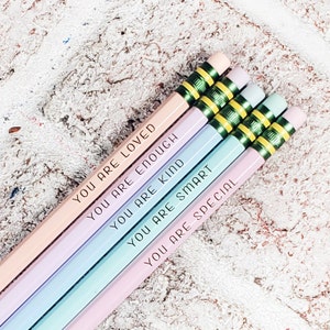 Pastel affirmation pencils set of 5, Engraved wooden pencil, Back to school supplies, Back to school Pencils, inspirational teacher pencils
