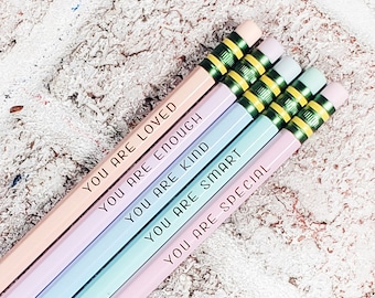 Pastel Affirmation Pencils, Engraved Wood, Set of 5