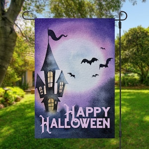 Happy Halloween Garden Flag, 12x18 halloween yard Flag, Halloween yard decor, Single / double sided flag, purple and black halloween flags