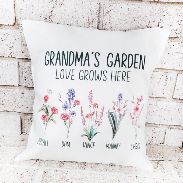 Grandma's Garden Pillow Personalized with names, Love grows here grandma gift, Mothers day gifts 2023, Grandma flower with names gift