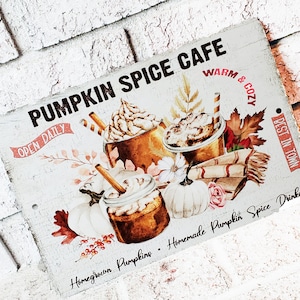 パンプキン スパイス 秋のメタル サイン、秋のコーヒー バー サイン、ホット チョコレート バー、メタル サイン、秋のサイン ホーム デコレーション、秋の収穫のコーヒー サイン