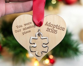 Adoption Ornament Keepsake, Heart and Puzzle Piece, Laser Engraved Birch