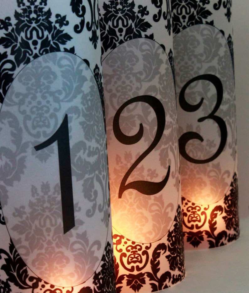 Damask Luminary Table Numbers set of 20, Wedding Table Numbers, Damask Wedding image 4