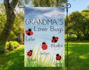 Grandma's Ladybug Garden Flag, Custom Grandchildren Names, 12x18