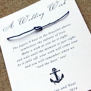Regalos de boda náuticos, azul marino, boda con temática de marinero, pulsera de deseos de boda, regalos de boda con el lema "Atando el nudo", juego de 50 obsequios para invitados