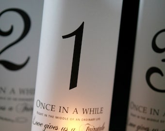 Fairytale Wedding Table Number Luminaries, Lace Decor, Set of 15
