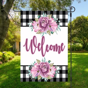 Willkommen Gartenfahne, kleine Willkommensfahne, Willkommensfahnen für Hof, Willkommensfahne zu Hause, karierte Gartenfahne, alle sind Willkommensfahne