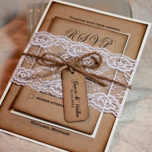 Rustic Wedding Invitations Lace and Kraft Rustic Wedding Etsy