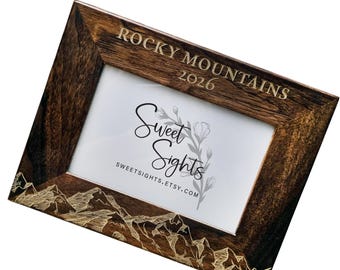 Rocky Mountains Picture Frame 4x6, Walnut Wood Travel Photo Frame, Mountain Engraved Frame, National Park Souvenir, Hiking Gift, adventure
