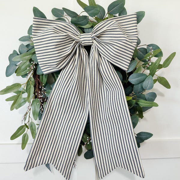 Handmade Fabric Front Door Bow for Wreath | Navy & Cream Ticking Stripe