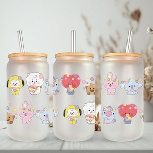 BTS BT21 Flower Iced Coffee Glass Cup, BTS BT21 Merch, BT21 Cup, Cup with Lid & Straw, Kpop gift, Gift for Kpop Fan, BTS Fan Gift, bts Army