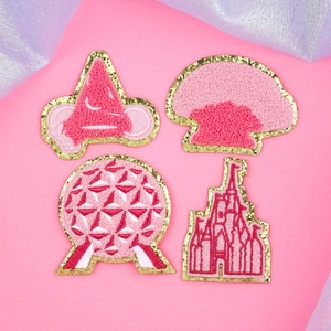Pink Park Location Icon Patches, 3M Sticky Embroidery Patches, Park location Patches, Magic Kingdom, Epcot, Animal Kingdom,Hollywood Studios