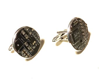 Black motherboard cufflinks goth gothic silver plated computer circuitry cyberpunk technology upcycled recycled circuit board