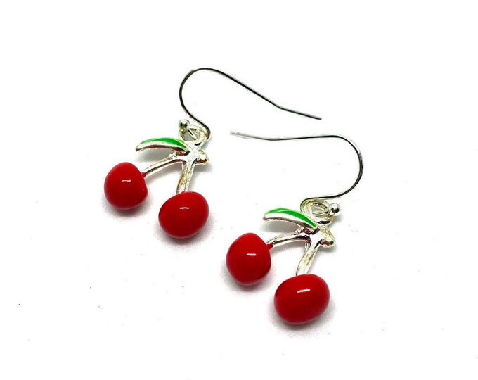 Handmade Cherry Earrings Silver Plated Loop Enamel Cherries Etsy