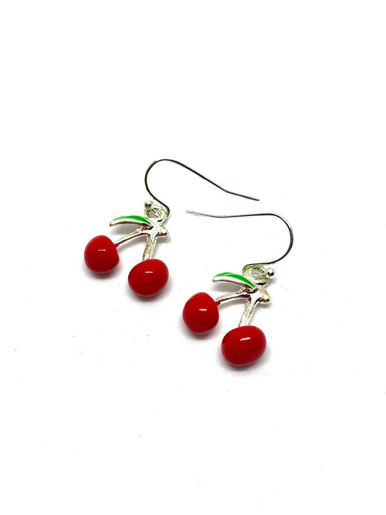 Handmade Cherry Earrings Silver Plated Loop Enamel Cherries Etsy
