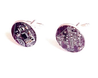 Motherboard cufflinks geek purple maroon silver plated computer circuitry steampunk cyberpunk techno up cycled recycled circuit board