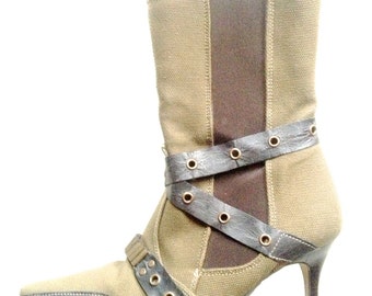 Steampunk boots vintage Moda Pelle leather canvas slim heel green brown designer UK 4 US 6.5