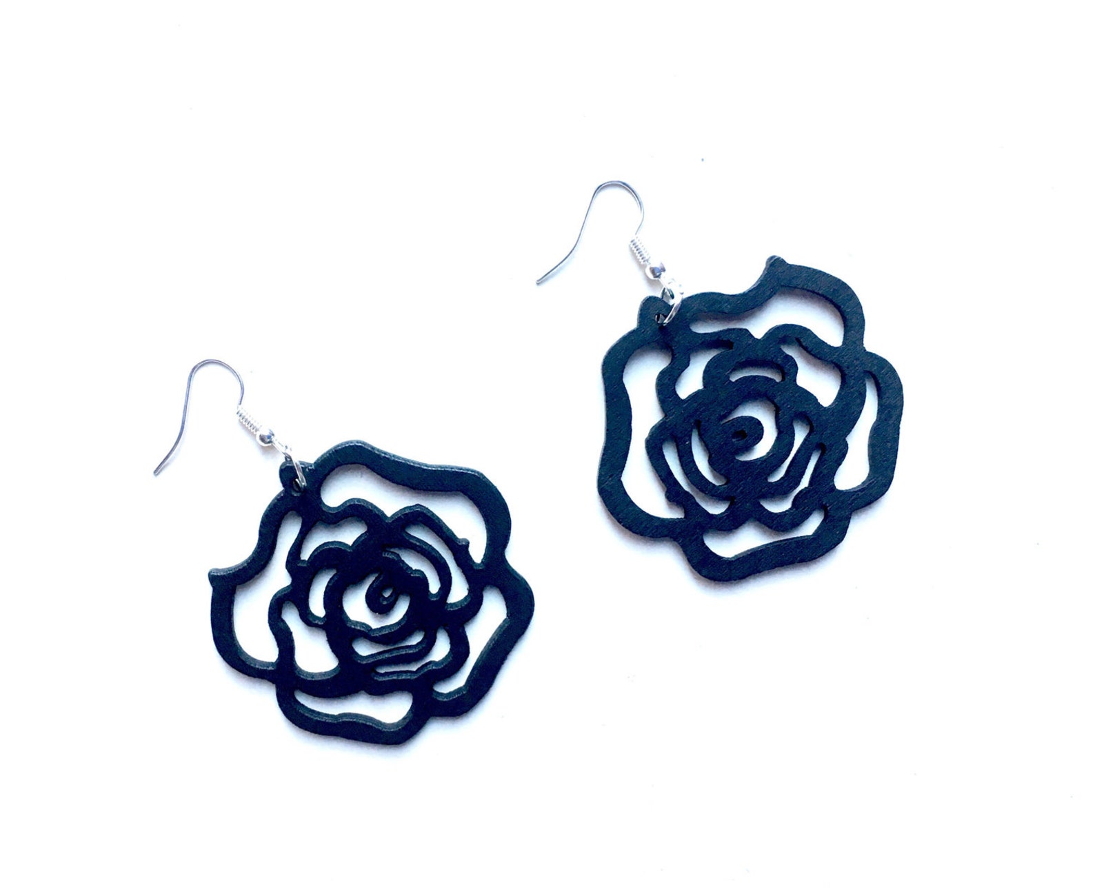 Laser Cut Black Rose Earrings Flower Floral Design Goth Gothic Etsy
