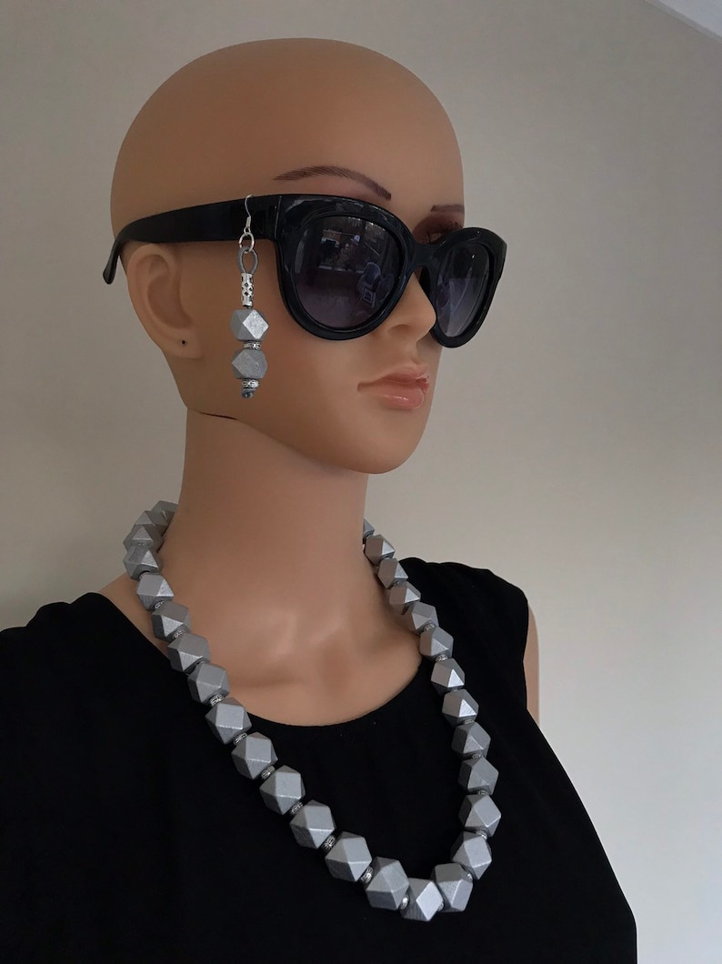 Silver wood bead necklace earring set
