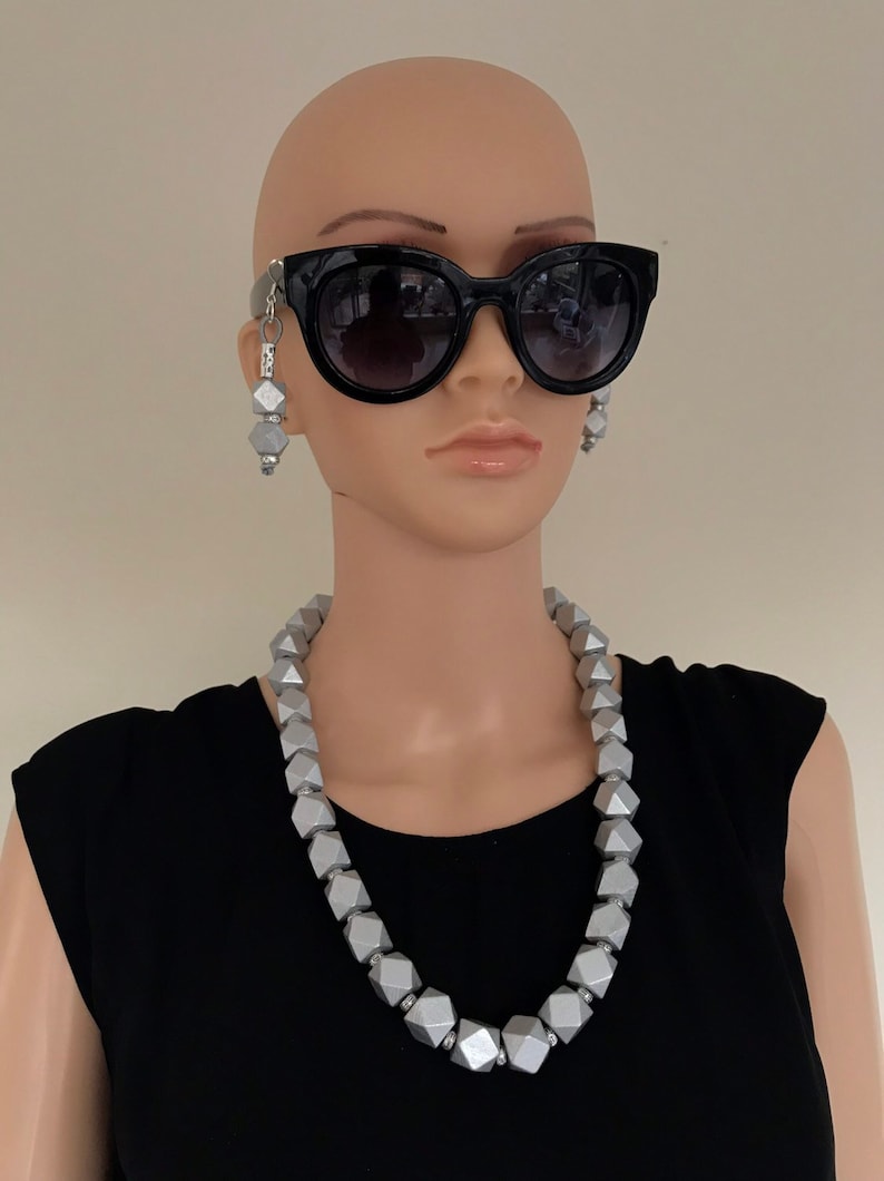 Silver wood bead necklace earring set