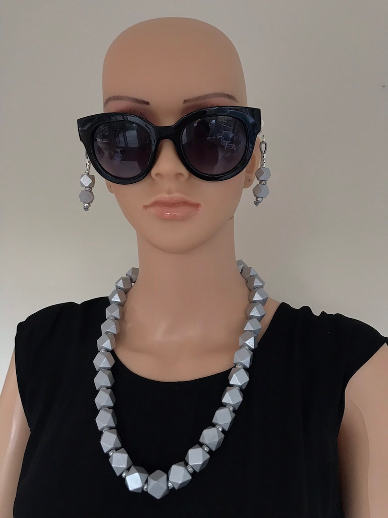 Silver wood bead necklace earring set