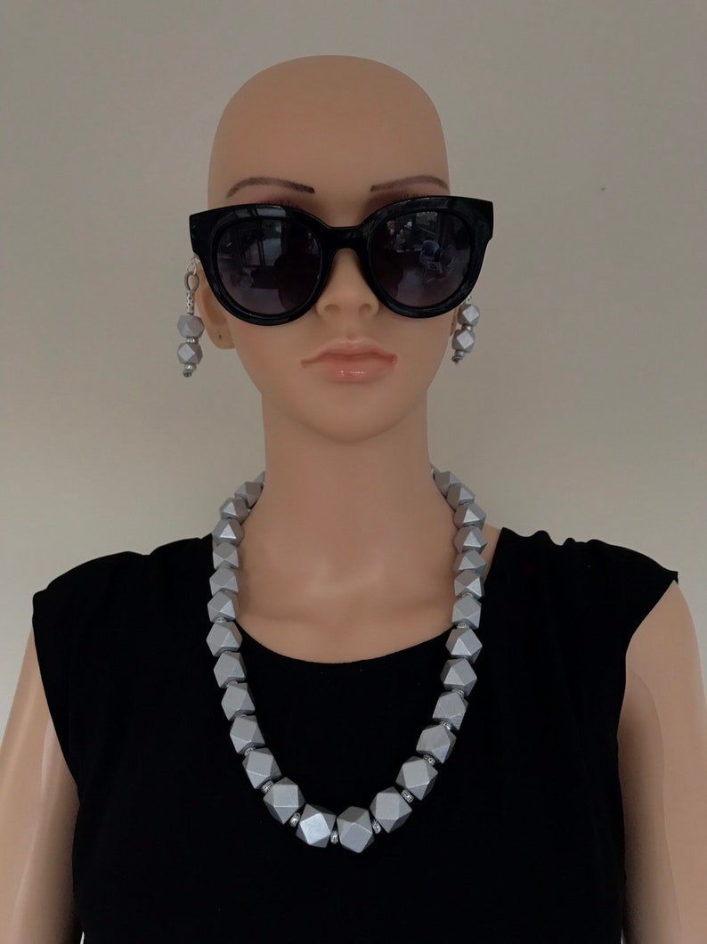 Silver wood bead necklace earring set